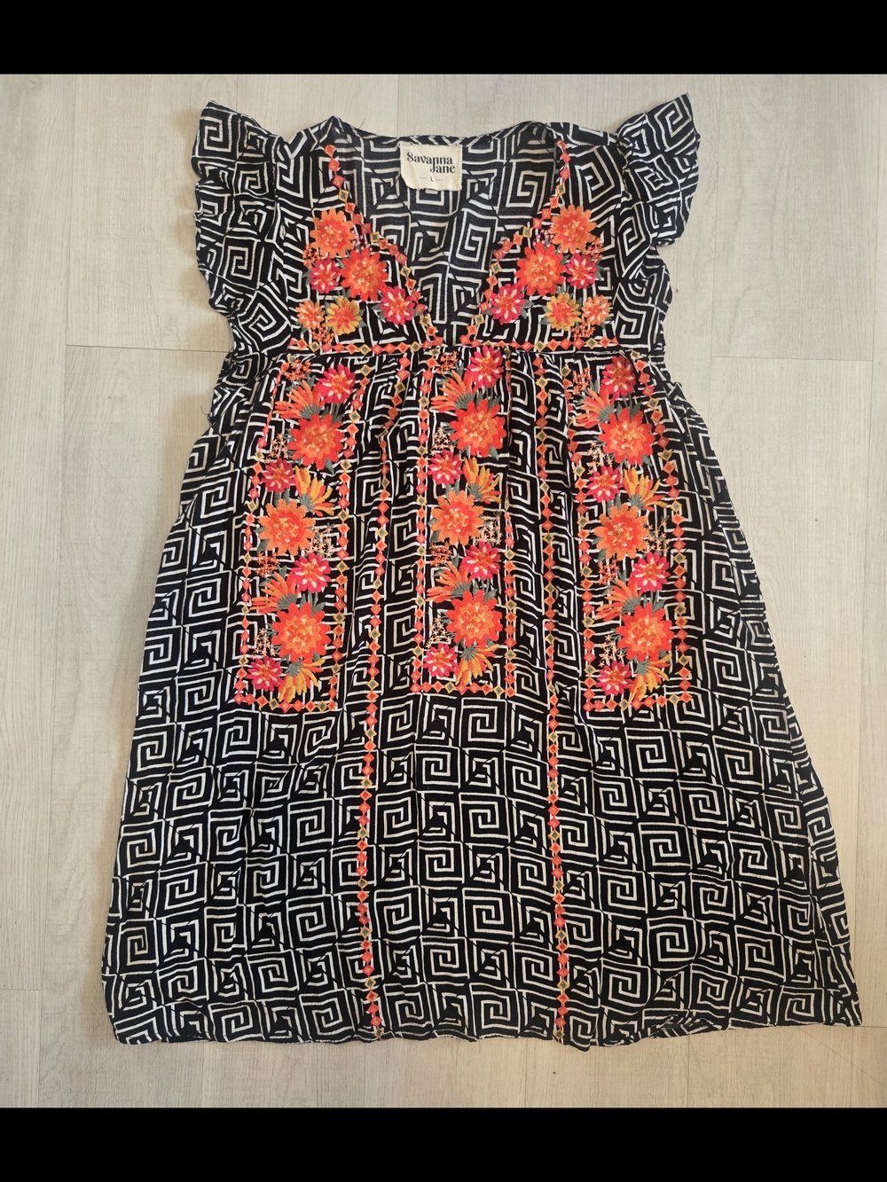 Savanna Jane Black Geometric Bright Floral Embroidered Dress